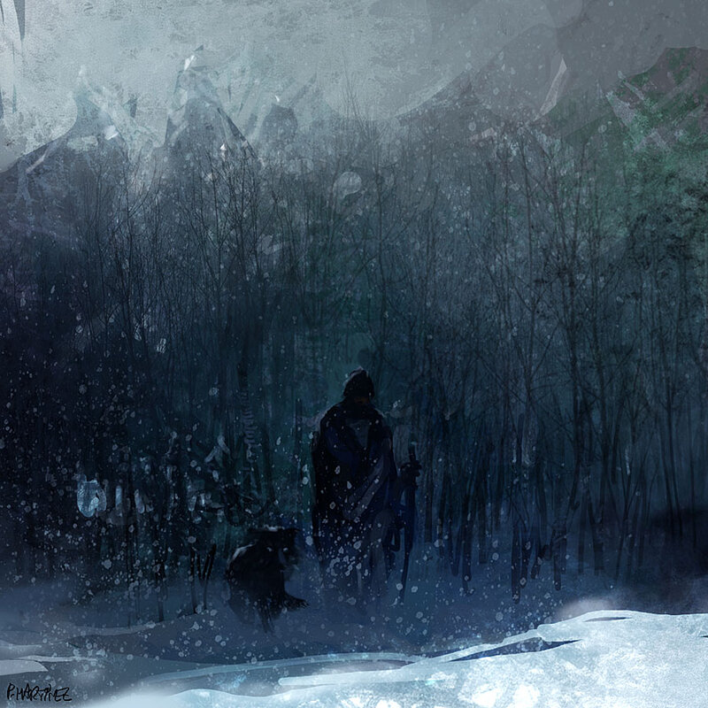 Solitary figure in snowy forest