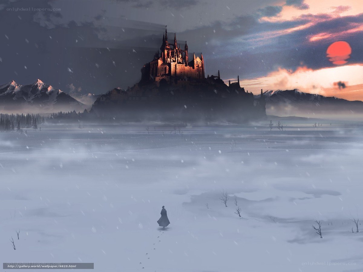 Solitary figure in snowy landscape