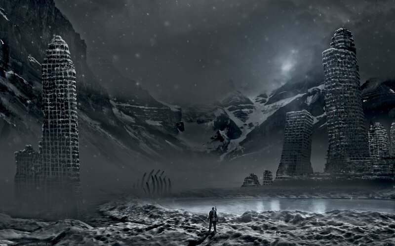 solitary figure in snowy ruins
