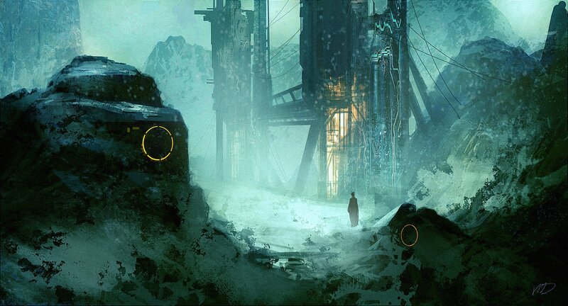 solitary figure in snowy ruins