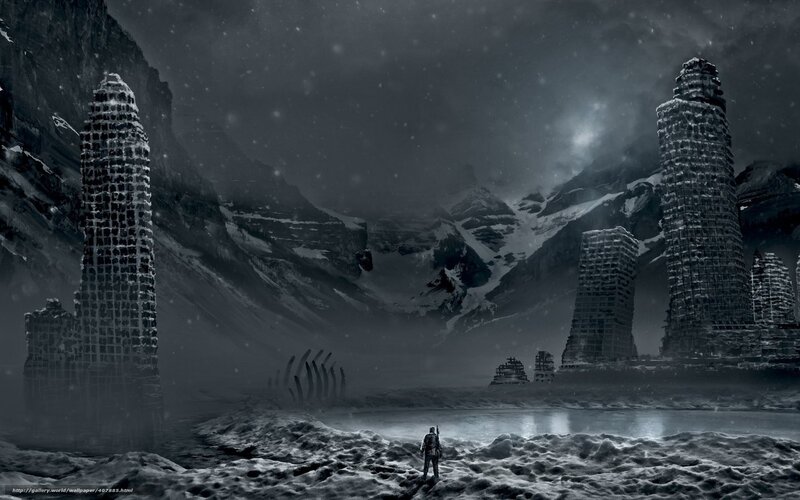 solitary figure in snowy ruins