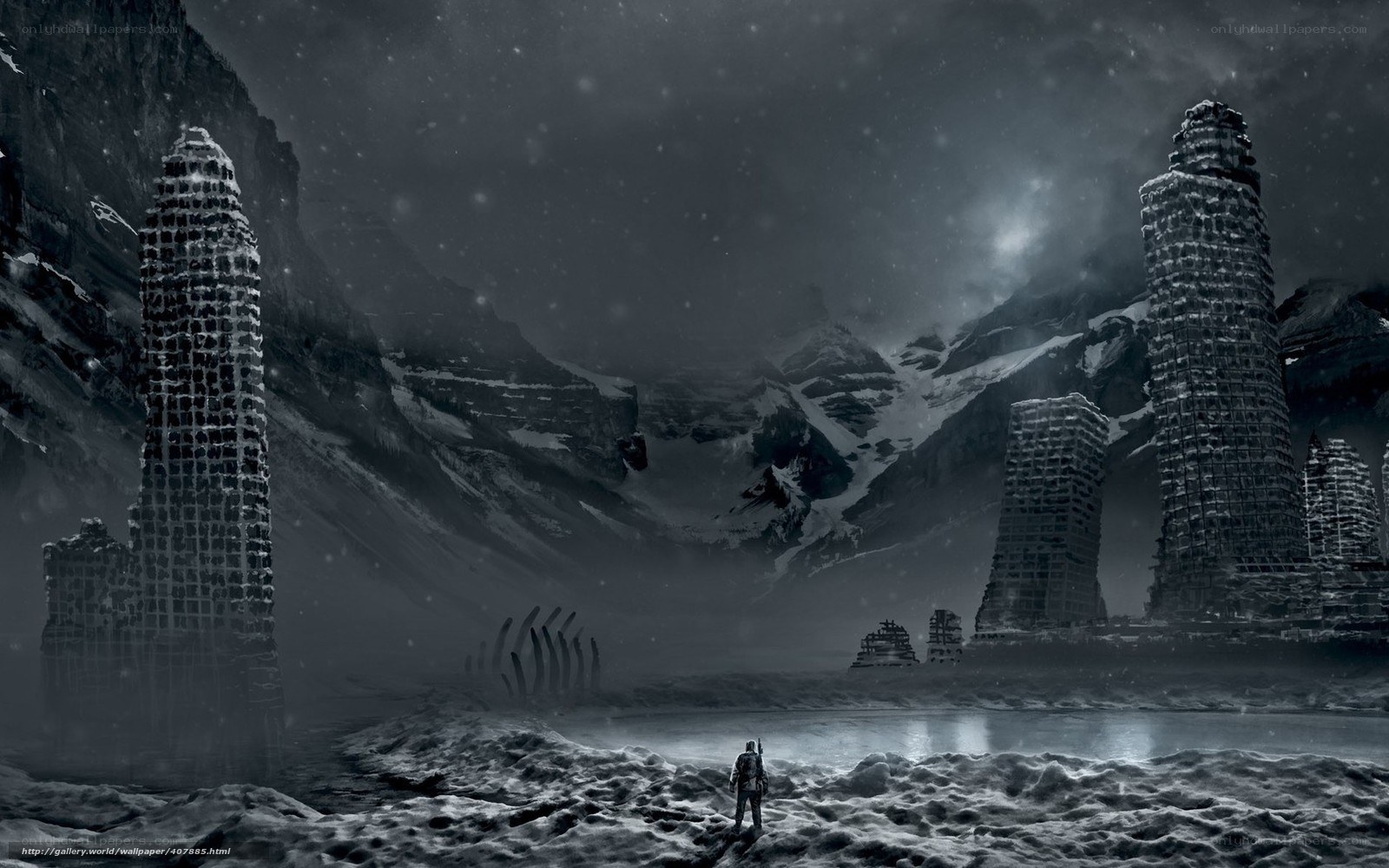 solitary figure in snowy ruins