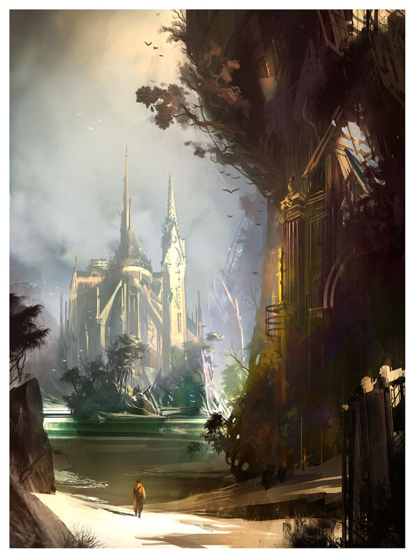 Solitary figure near ancient cathedral