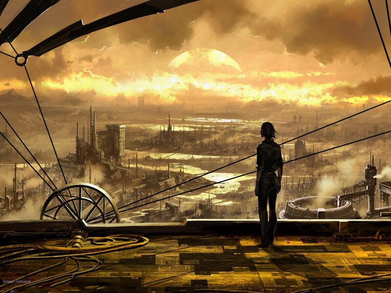 Solitary figure on a futuristic cityscape