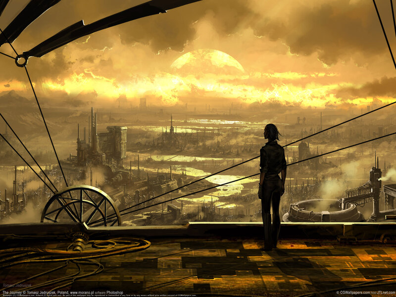 Solitary figure on a futuristic cityscape