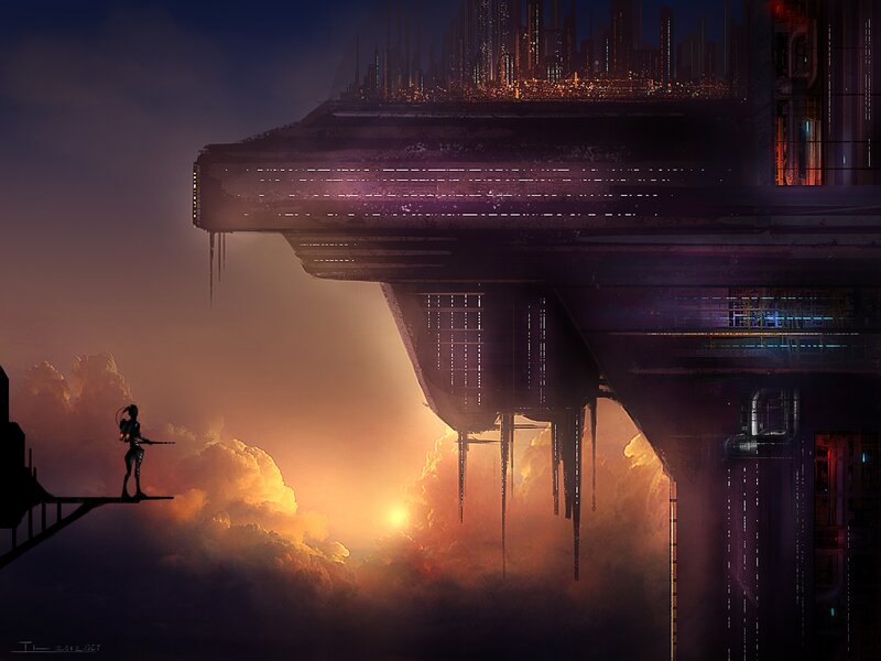 Solitary figure on a futuristic platform