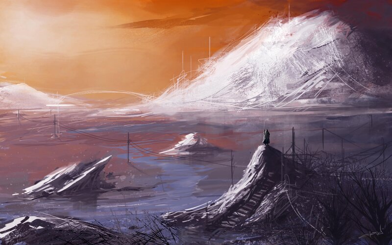 solitary figure on a ruined landscape
