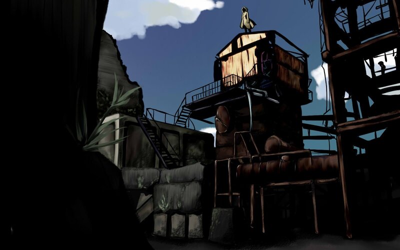 solitary figure on industrial ruins