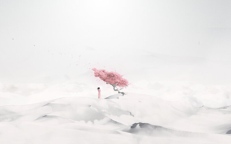 solitary figure under pink tree