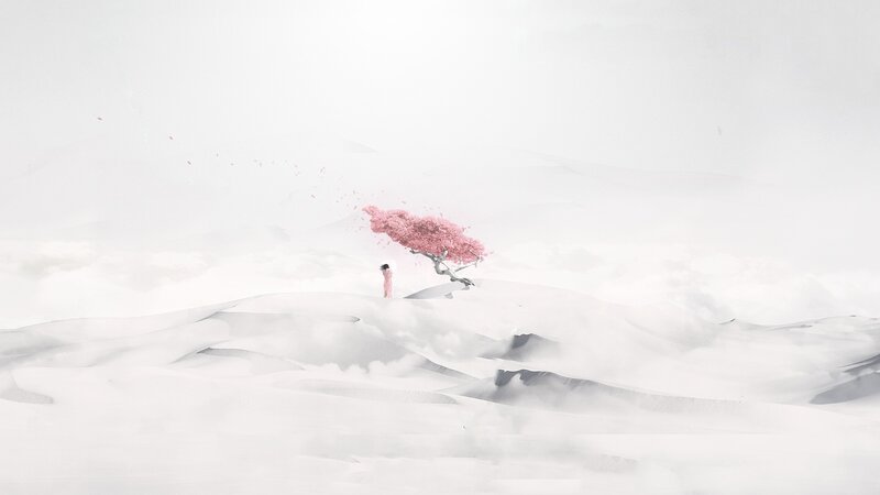solitary figure under pink tree