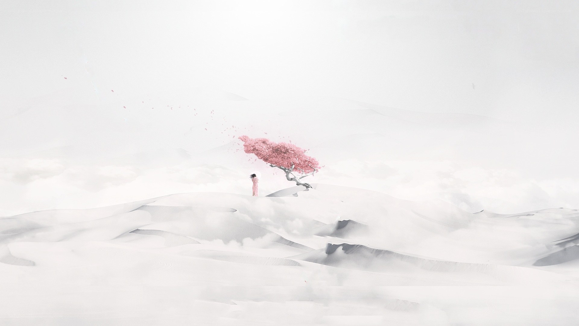 solitary figure under pink tree