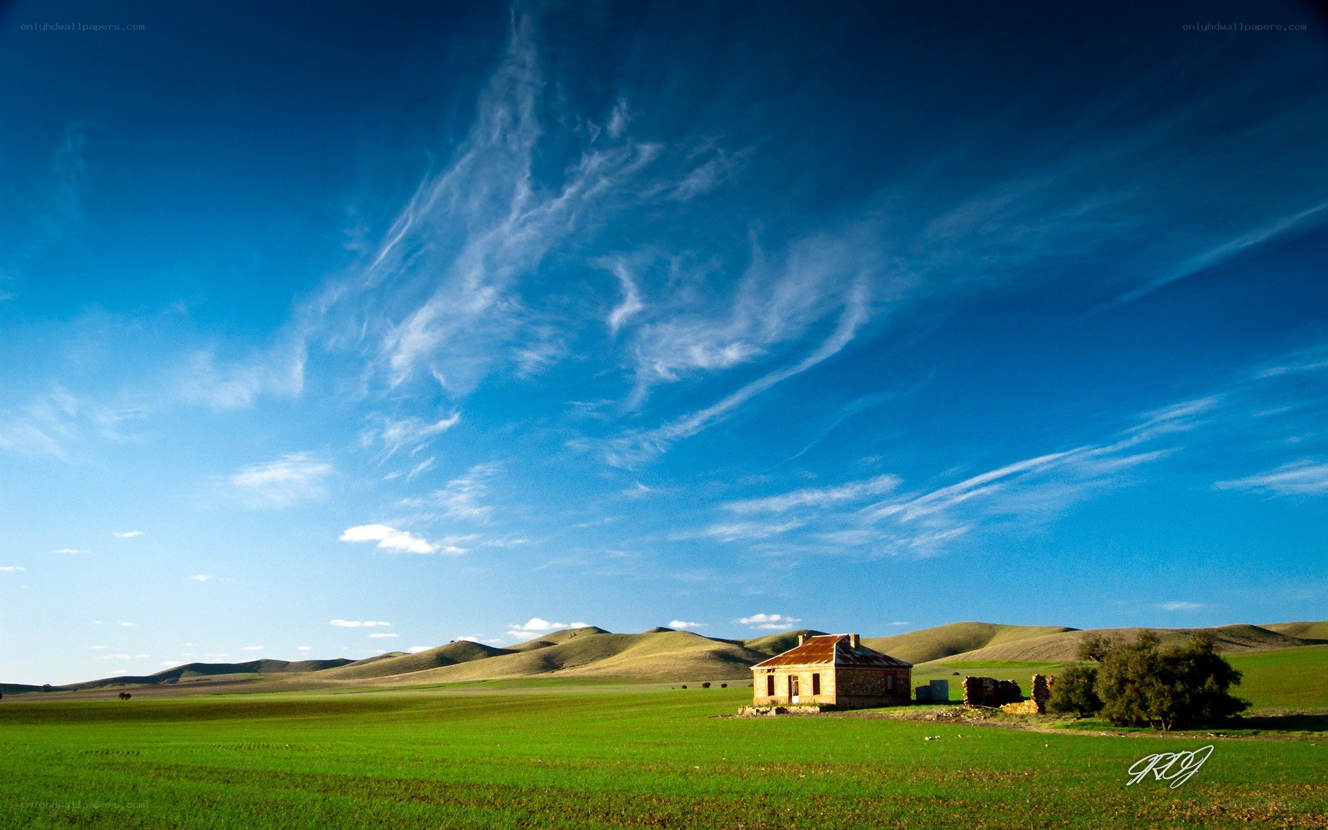 Solitary house in green fields
