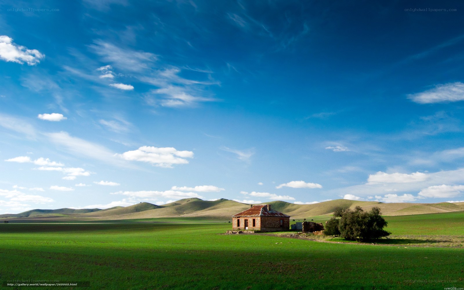 Solitary house in green fields