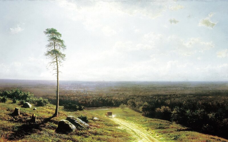 Solitary Pine Tree — Green, Serene, Afternoon, Painting, Cart, Rocks, Forest