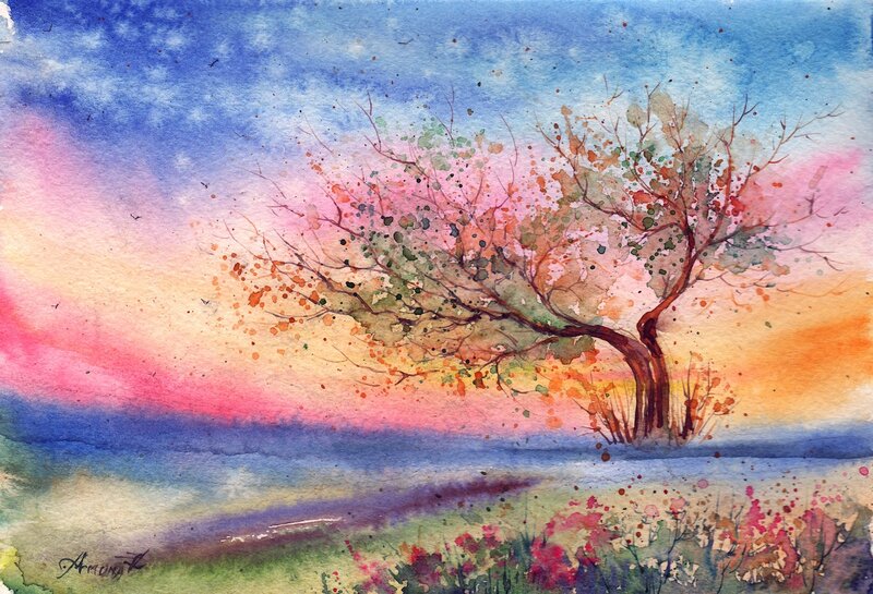 Solitary Tree at Sunset — Blue, Serene, Painting