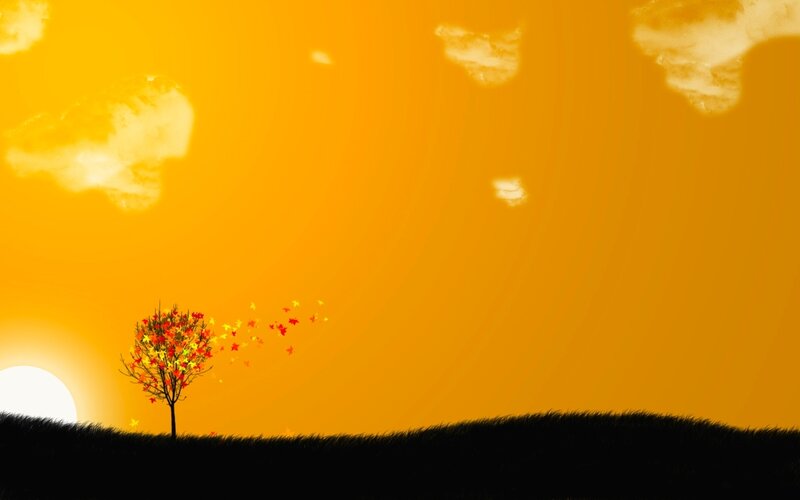 Solitary Tree at Sunset — Orange, Serene, Digital Art, Sun