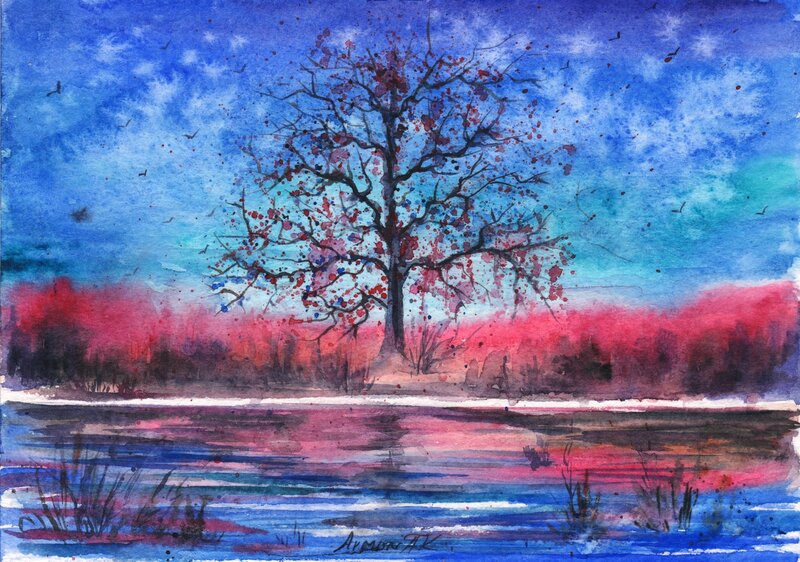 Solitary Tree by Lake — Blue, Dramatic, Sunset, Painting