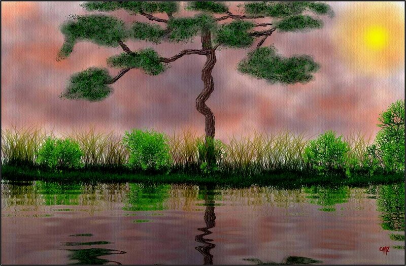 Solitary Tree by Water — Green