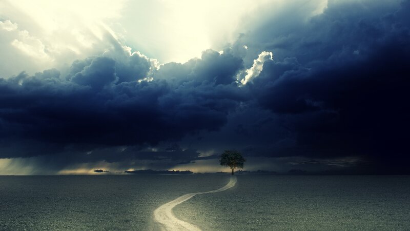 Solitary Tree in Field — Blue, Dramatic, Night, Digital Art, Clouds, Path