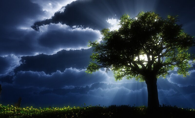 Solitary Tree in Field — Blue, Dramatic, Night, Digital Art, Clouds