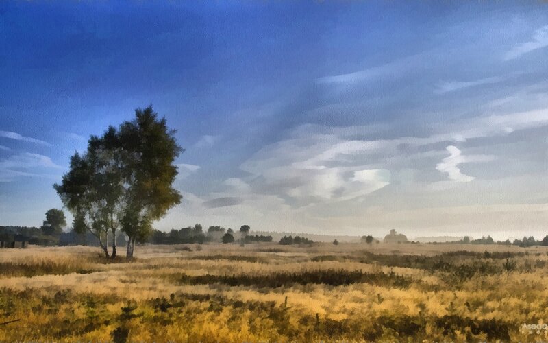 Solitary Tree in Field — Blue, Serene, Afternoon, Painting, Sky