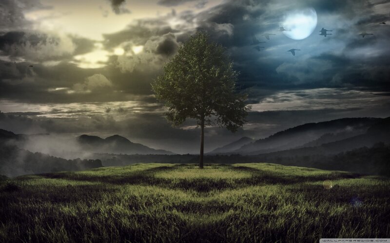 Solitary Tree in Field — Green, Dramatic, Night, Digital Art, Mountains, Moon