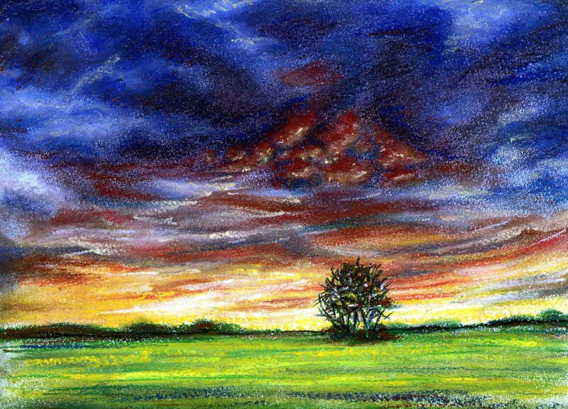Solitary Tree in Field — Green, Dramatic, Sunset, Painting