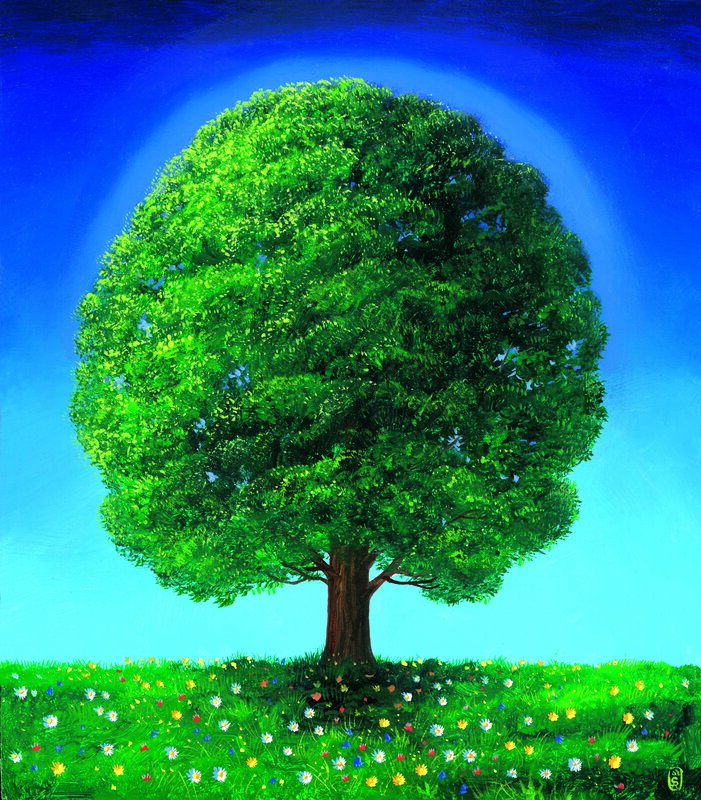Solitary Tree in Field — Green, Serene, Afternoon, Painting