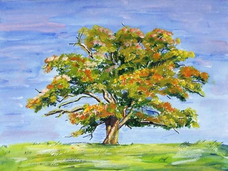 Solitary Tree in Field — Green, Serene, Autumn, Painting