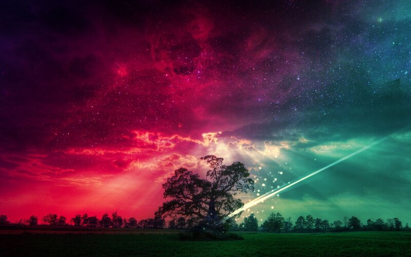 Solitary Tree in Field — Red, Dramatic, Night, Digital Art, Sky