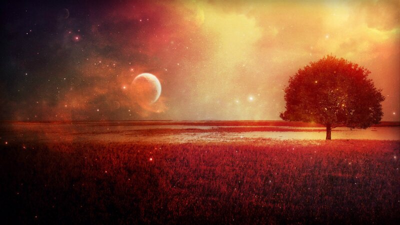 Solitary Tree in Field — Red, Dramatic, Night, Digital Art