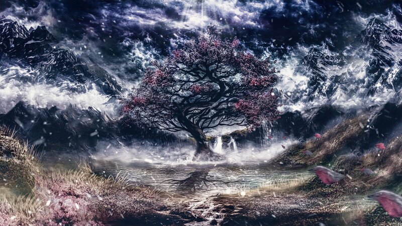 Solitary Tree in Mountains — Purple, Dramatic