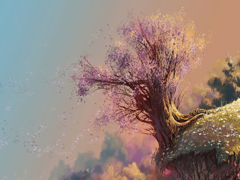 Solitary Tree on Cliff — Purple, Serene