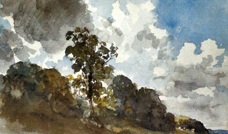 Solitary Tree on Hill — Blue, Dramatic, Painting