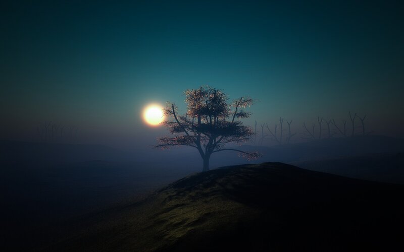 Solitary Tree on Hill — Blue, Dramatic, Sunset, Digital Art