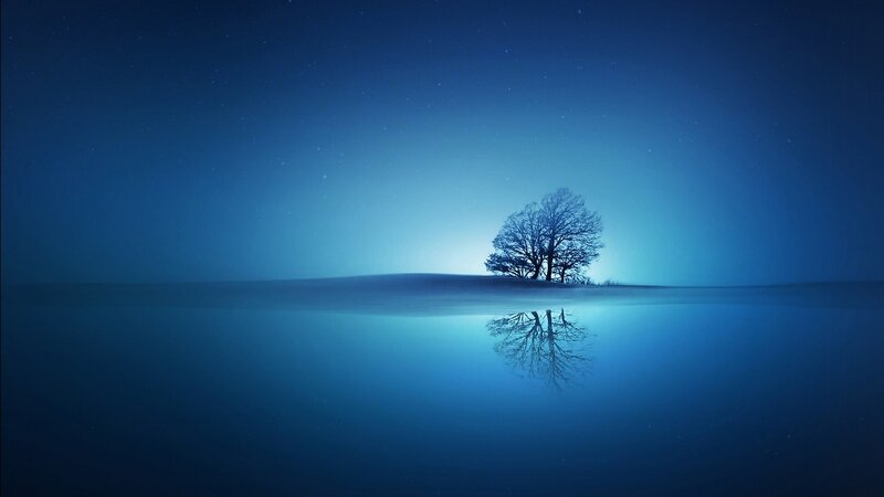 Solitary Tree on Hill — Blue, Serene, Night, Digital Art, Reflection