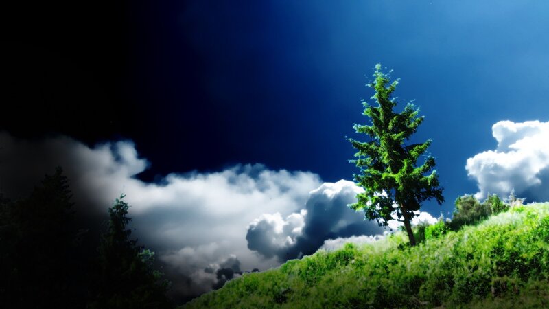 Solitary Tree on Hill — Green, Dramatic, Digital Art, Clouds, Sky
