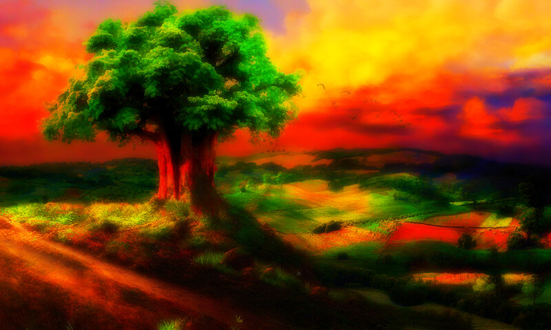 Solitary Tree on Hill — Green, Dramatic, Sunset, Digital Art, Sky, Hills
