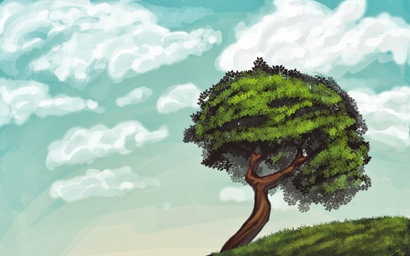 Solitary Tree on Hill — Green, Serene, Afternoon, Digital Art, Sky