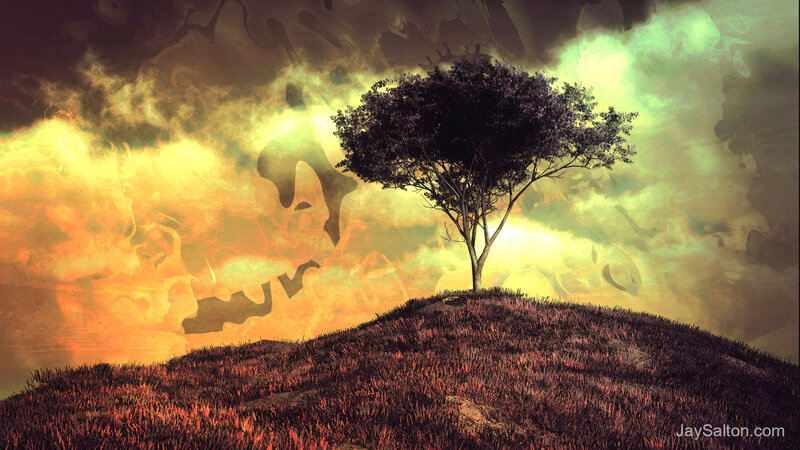 Solitary Tree on Hill — Purple, Dramatic, Sunset, Digital Art, Sky, Clouds
