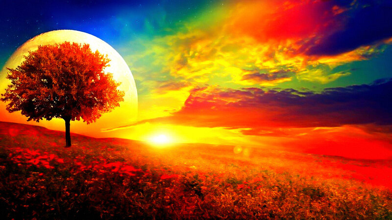 Solitary Tree on Hill — Red, Dramatic, Sunset, Digital Art, Moon