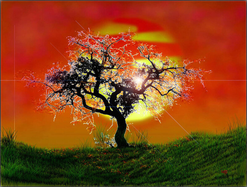 Solitary Tree on Hill — Red, Dramatic, Sunset, Digital Art