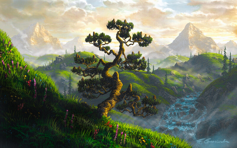 Solitary Tree on Hillside — Green, Serene, Morning