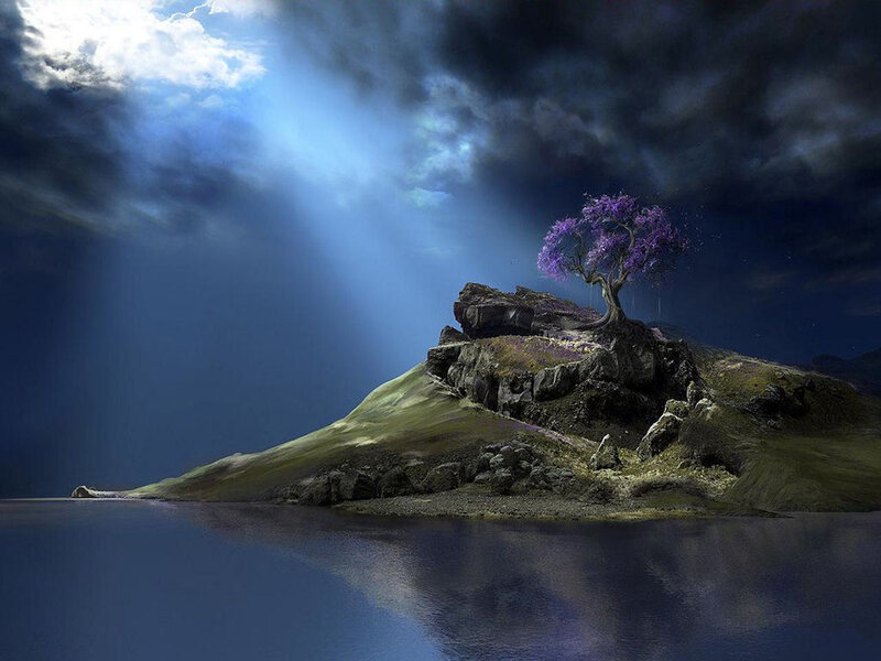 Solitary Tree on Island — Blue, Dramatic, Night, Digital Art, Clouds, Water, Purple, Green
