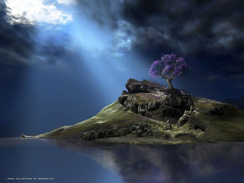 Solitary Tree on Island — Blue, Dramatic, Night, Digital Art