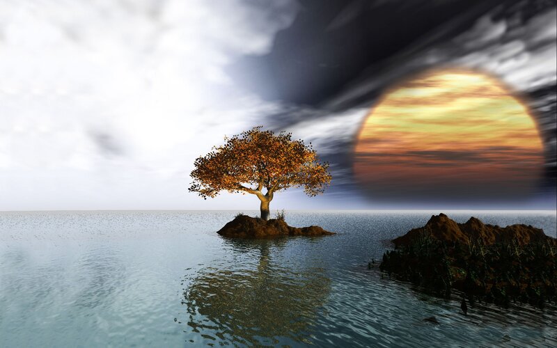 Solitary Tree on Island — Blue, Dramatic, Sunset