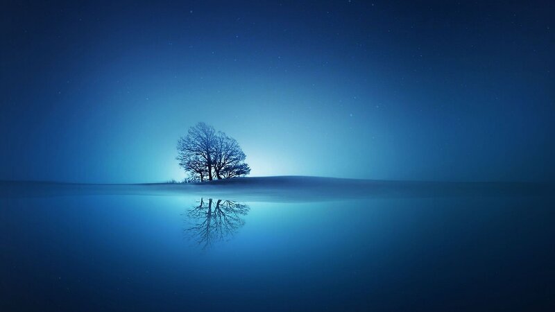 Solitary Tree on Island — Blue, Serene, Night
