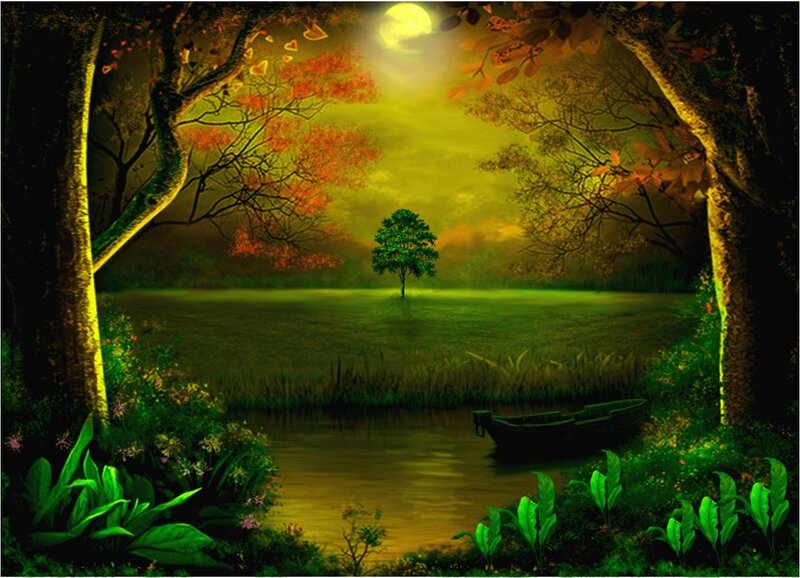 Solitary Tree on Island — Green, Serene, Night