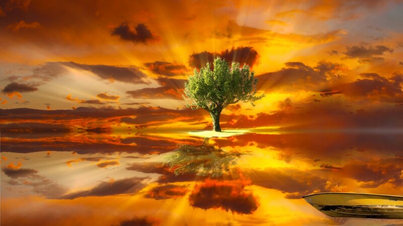 Solitary Tree on Island — Orange, Dramatic, Sunset, Digital Art, Boat