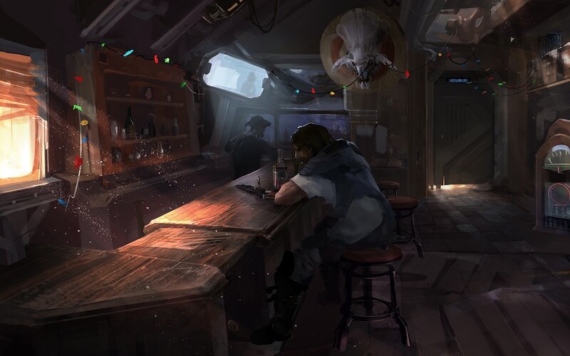 solo drinker in a dim bar